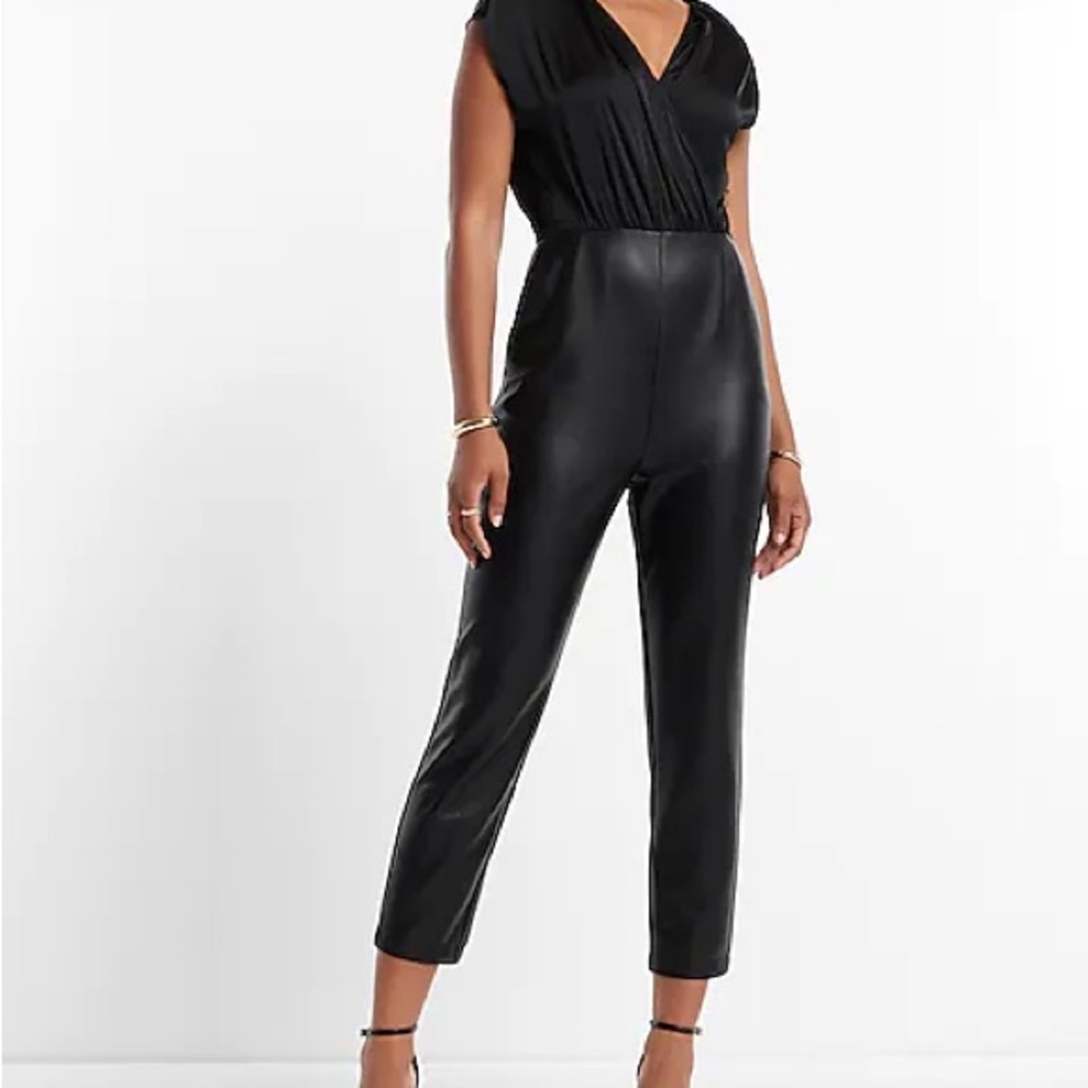 Express cap sleeve faux leather jumpsuit